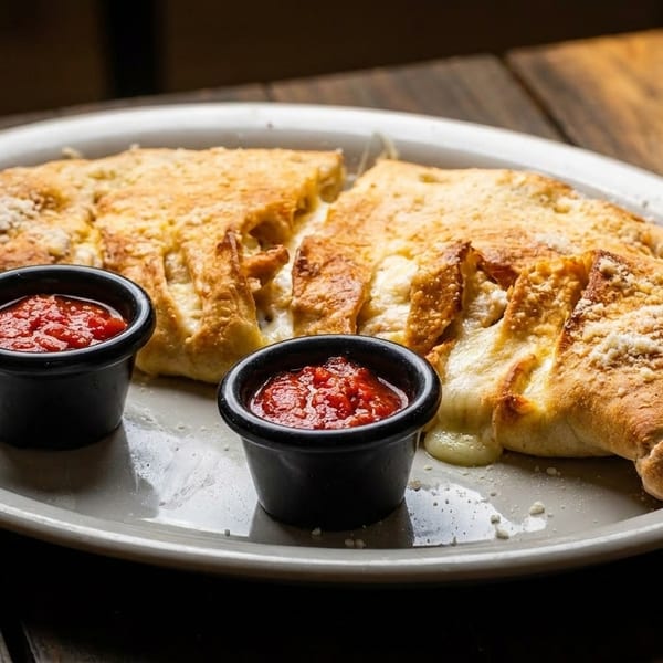 Golden-brown calzone, cut open to reveal melted cheese, served with two small cups of marinara sauce.