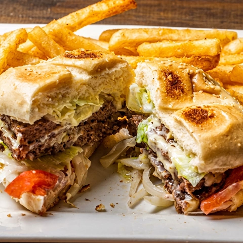 A large burger cut in half, revealing meat, cheese, lettuce, tomato, and onion, served with fries.